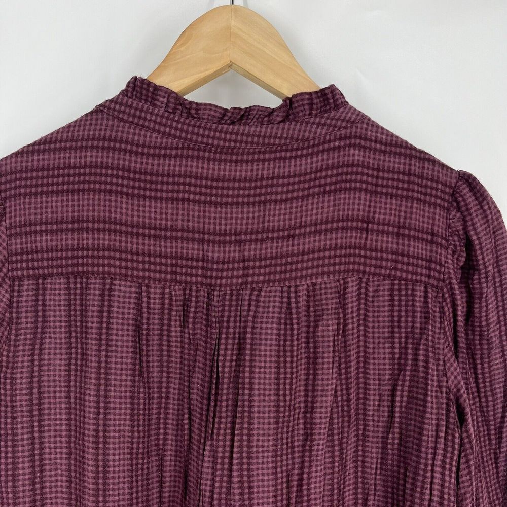 LOFT Dress Size Medium Maroon Check Ruffle Prairie Pleated Button Drop Waist - Picture 6 of 8